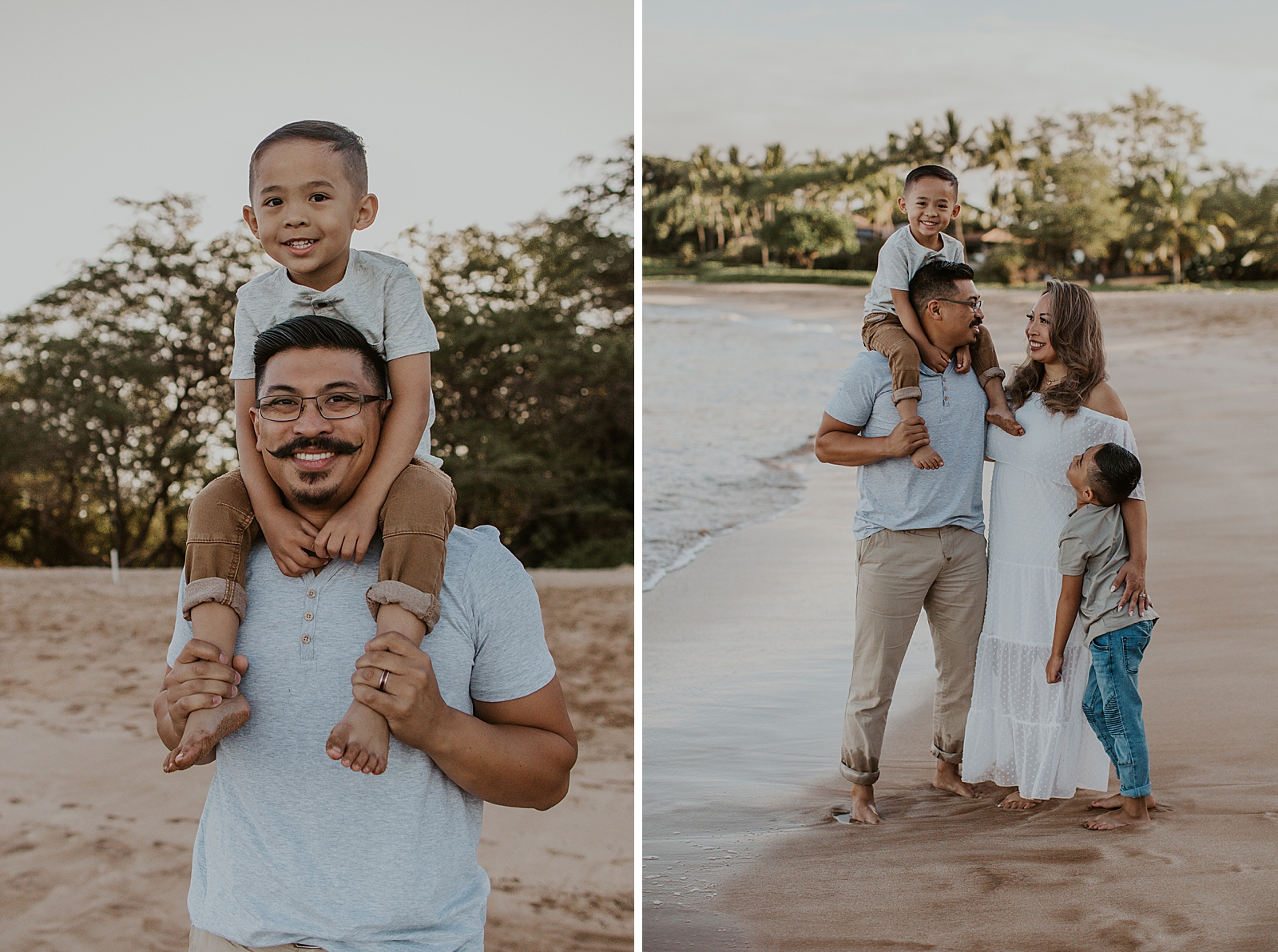 Dad carrying son on his shoulders and Mom holding other son on the side on the sand