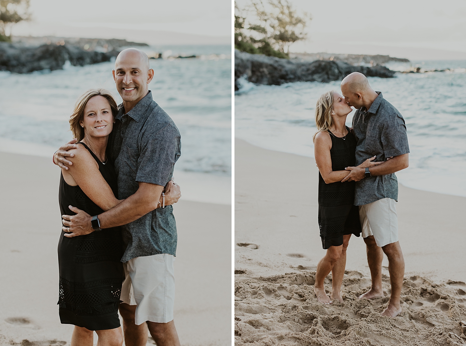 Older parents hugging each other and kissing while standing on the sand
