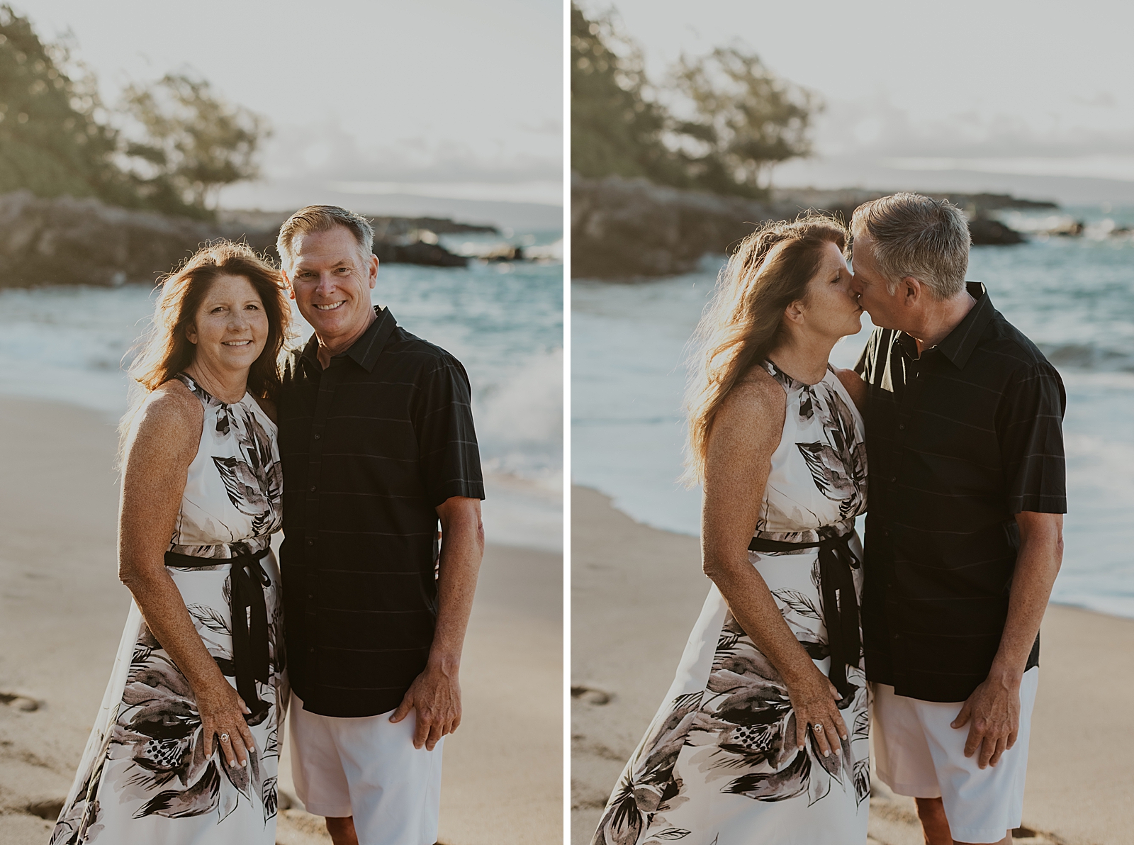 Empty nester parents together and kissing while standing on the sand