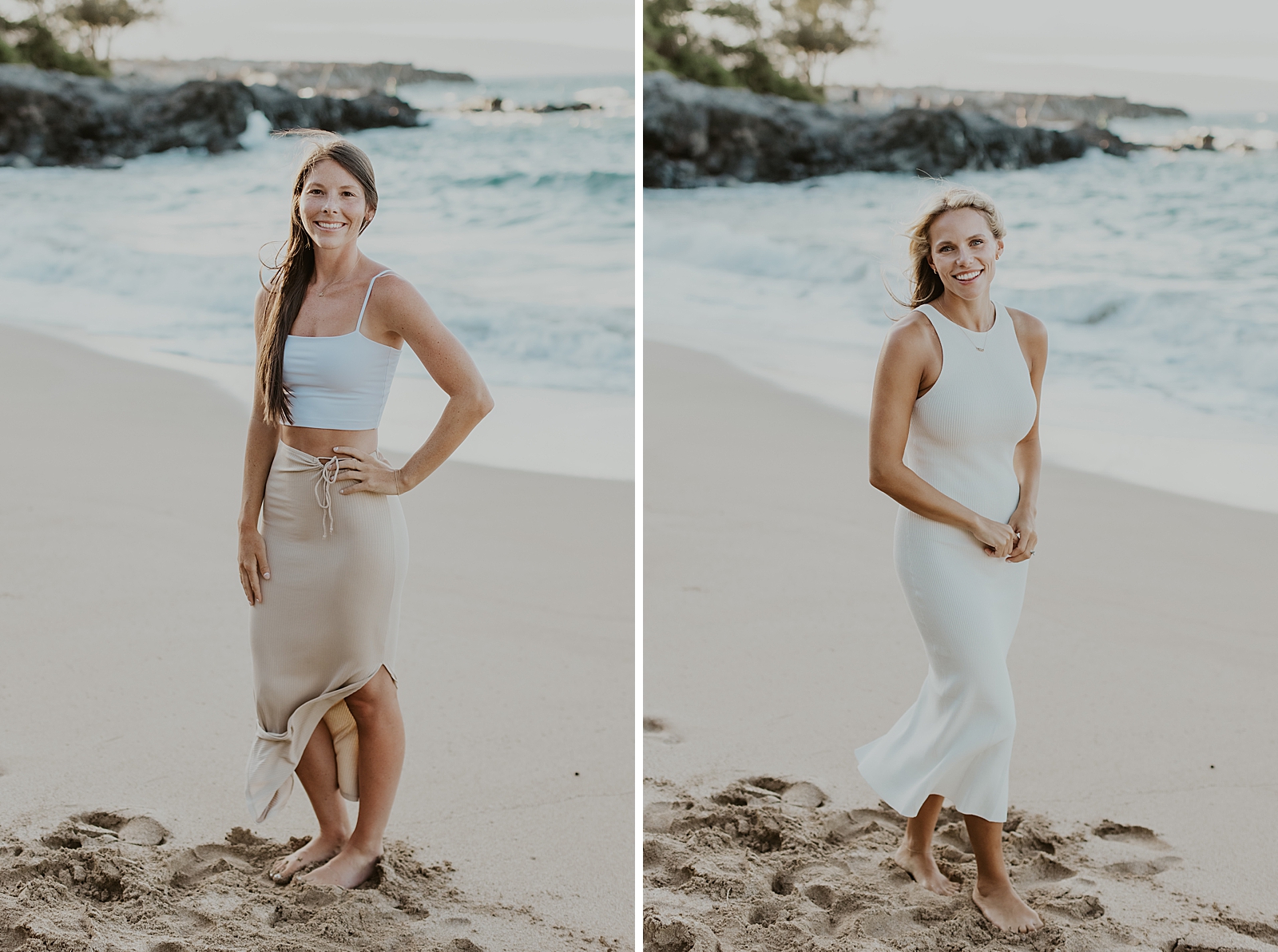 Individual portraits of daughter and daughter-in-law standing on the sand of the beach