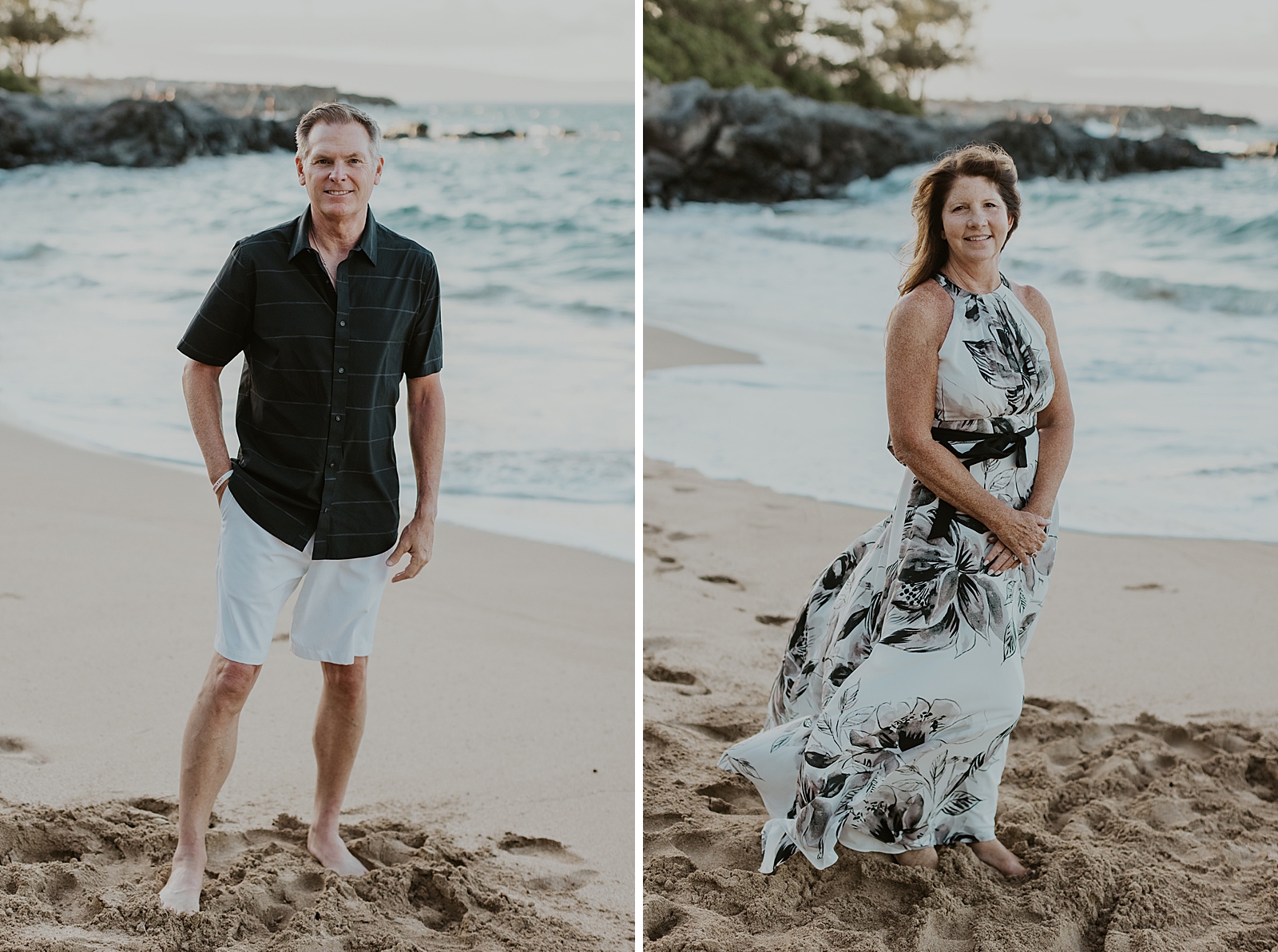 Individual portraits of parents standing on the beach by the ocean