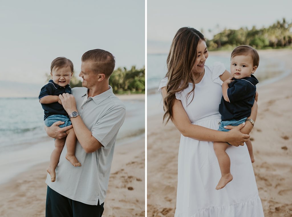 Individual portraits of Mom and Dad holding son in their arms while on the beach